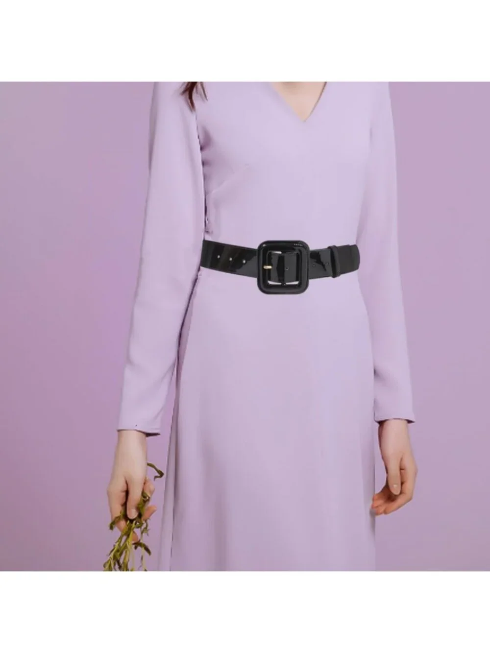 Vintage Black Patent Leather Wide High Waist Belt with Square Buckle for Dresses